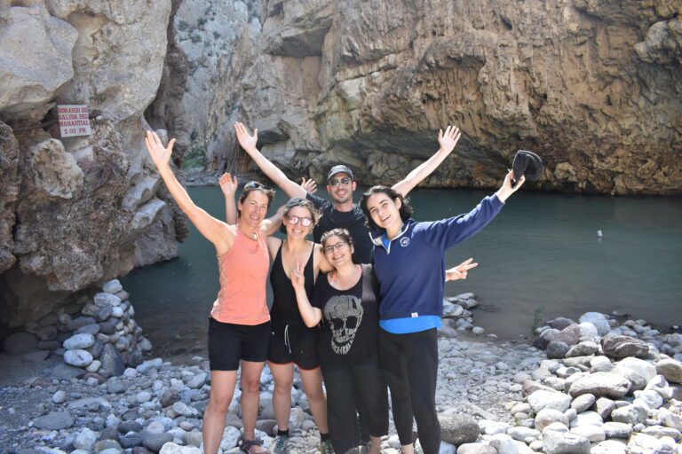 Happily celebrating arriving at the hot springs